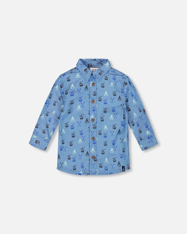 deux par deux Boys Printed Long Sleeve Chambray Ski Shirt
