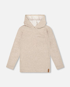 deux par deux Boys Long Sleeve Super Soft Brushed Jersey Hooded Tee - Heather Beige