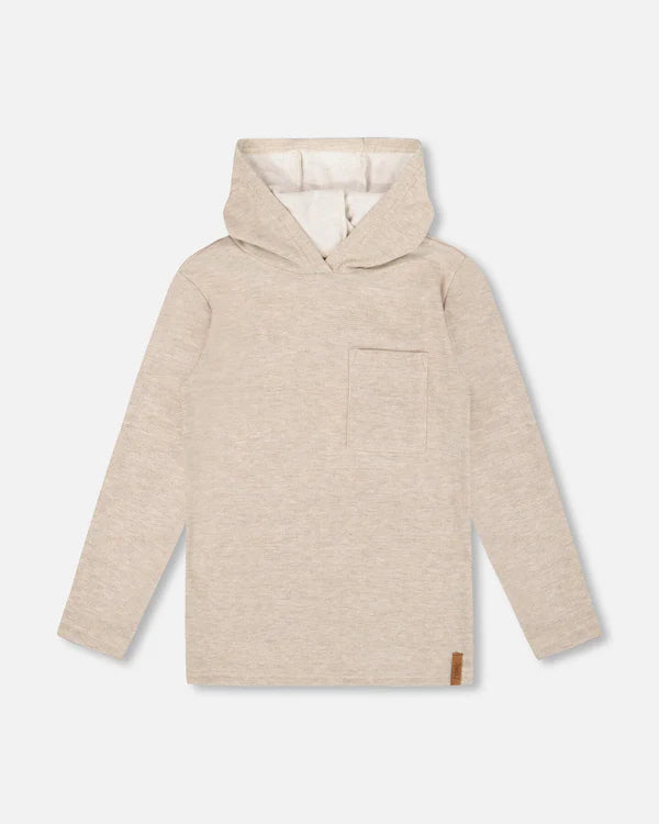 deux par deux Boys Long Sleeve Super Soft Brushed Jersey Hooded Tee - Heather Beige