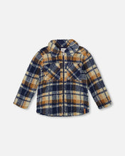 Load image into Gallery viewer, deux par deux Boys Sherpa Long Sleeve Zip Front Overshirt - Blue And Brown Plaid
