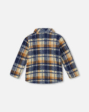 Load image into Gallery viewer, deux par deux Boys Sherpa Long Sleeve Zip Front Overshirt - Blue And Brown Plaid
