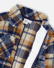 Load image into Gallery viewer, deux par deux Boys Sherpa Long Sleeve Zip Front Overshirt - Blue And Brown Plaid
