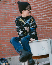 Load image into Gallery viewer, deux par deux Boys Pullover Fleece Sweatshirt - Black Dinosaur Print

