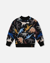 Load image into Gallery viewer, deux par deux Boys Pullover Fleece Sweatshirt - Black Dinosaur Print
