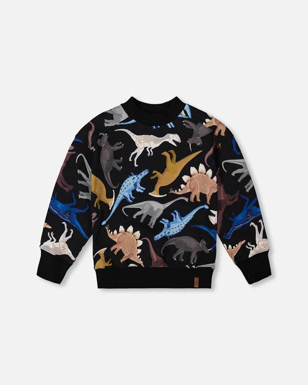 deux par deux Boys Pullover Fleece Sweatshirt - Black Dinosaur Print