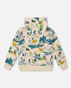 deux par deux Boys Printed Hooded Fleece Sweatshirt Beige