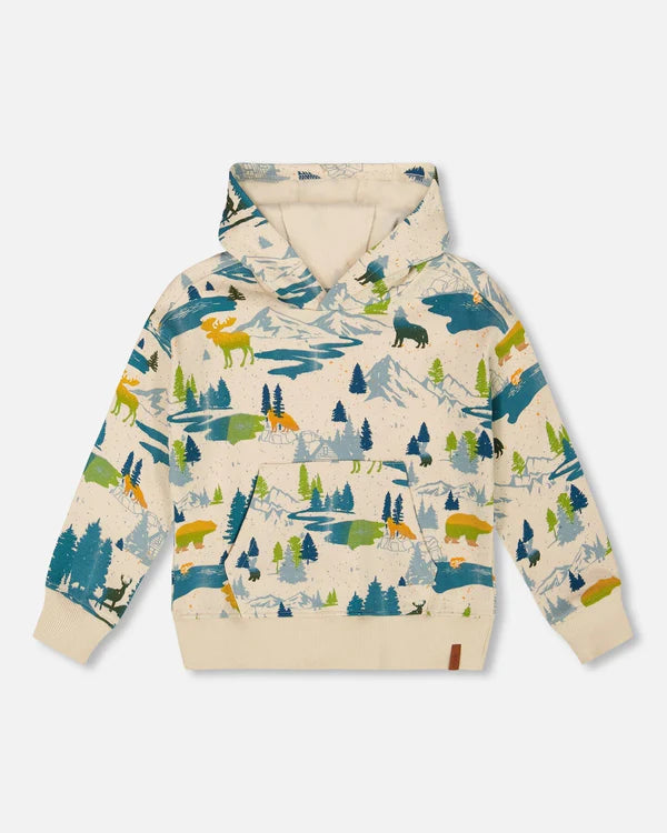 deux par deux Boys Printed Hooded Fleece Sweatshirt Beige
