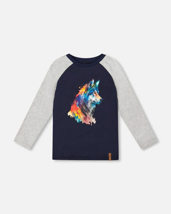 deux par deux Boys Long Raglan Sleeve Jersey Wolf Tee - Navy Blue