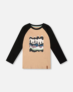 deux par deux Boys Long Raglan Sleeve Jersey Mountain & Tree Tee - Beige