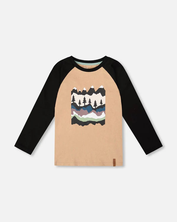 deux par deux Boys Long Raglan Sleeve Jersey Mountain & Tree Tee - Beige