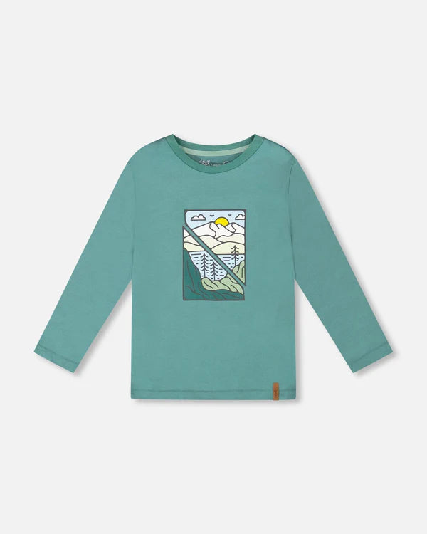 deux par deux Boys Long Sleeve Cotton Jersey Outdoors Tee Shirt - Sage Green