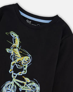 deux par deux Boys Long Sleeve Cotton Jersey Bicycle Tee Shirt - Black