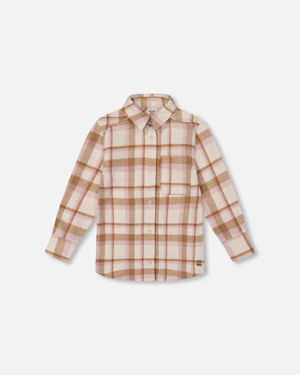 deux par deux Girls Plaid Overshirt - Off-White, Beige And Pink