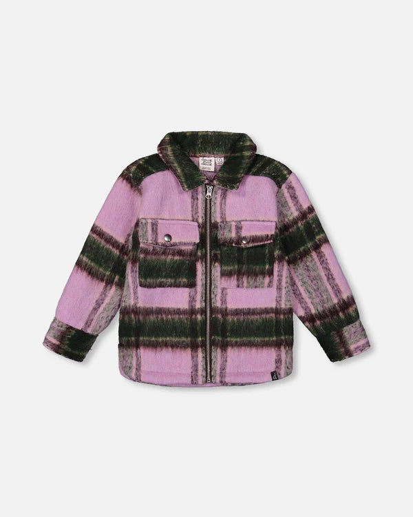 deux par deux Girls Zipped Plaid Overshirt - Mauve And Green