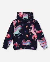 Load image into Gallery viewer, deux par deux Girls Pullover Fleece Hoodie - Navy Unicorn Print
