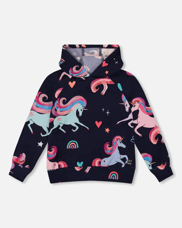 deux par deux Girls Pullover Fleece Hoodie - Navy Unicorn Print