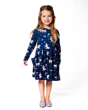 Load image into Gallery viewer, deux par deux Girls Jersey Dress With Pockets - Navy Unicorn Print
