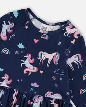 Load image into Gallery viewer, deux par deux Girls Jersey Dress With Pockets - Navy Unicorn Print
