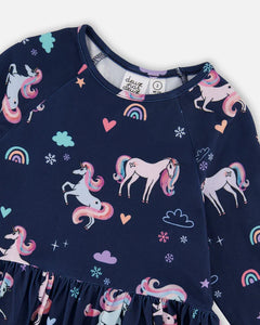deux par deux Girls Jersey Dress With Pockets - Navy Unicorn Print
