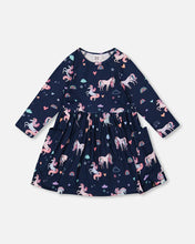 Load image into Gallery viewer, deux par deux Girls Jersey Dress With Pockets - Navy Unicorn Print
