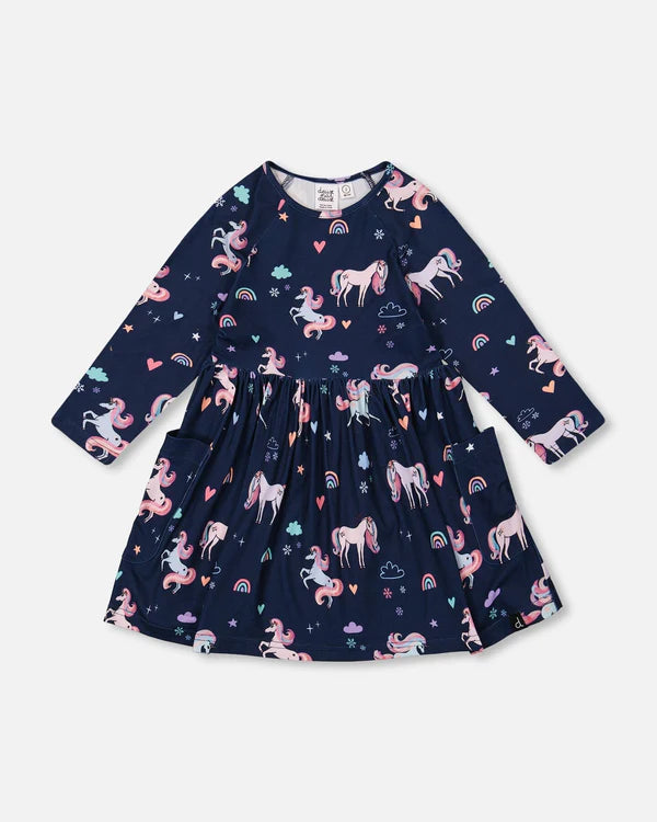 deux par deux Girls Jersey Dress With Pockets - Navy Unicorn Print