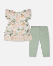 Load image into Gallery viewer, deux par deux Baby Girls Muslin Tunic And Pointelle Leggings Set - Peach Deer Print &amp; Green
