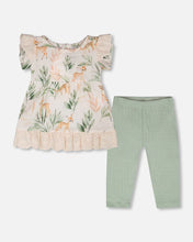 Load image into Gallery viewer, deux par deux Baby Girls Muslin Tunic And Pointelle Leggings Set - Peach Deer Print &amp; Green
