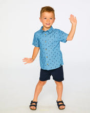 Load image into Gallery viewer, deux par deux Boys Short Sleeve Chambray Shirt - Blue Palm Print
