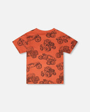 Load image into Gallery viewer, deux par deux Boys Organic Cotton Jersey T-Shirt - Orange Printed Trucks
