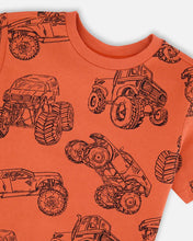 Load image into Gallery viewer, deux par deux Boys Organic Cotton Jersey T-Shirt - Orange Printed Trucks
