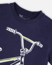 Load image into Gallery viewer, deux par deux Boys Organic Cotton Jersey T-Shirt With Bike Print - Dark Blue
