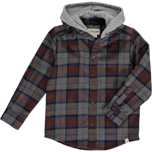 Me & Henry Boys Erin Hooded Woven Shirt - Brown/Grey/Blue Plaid
