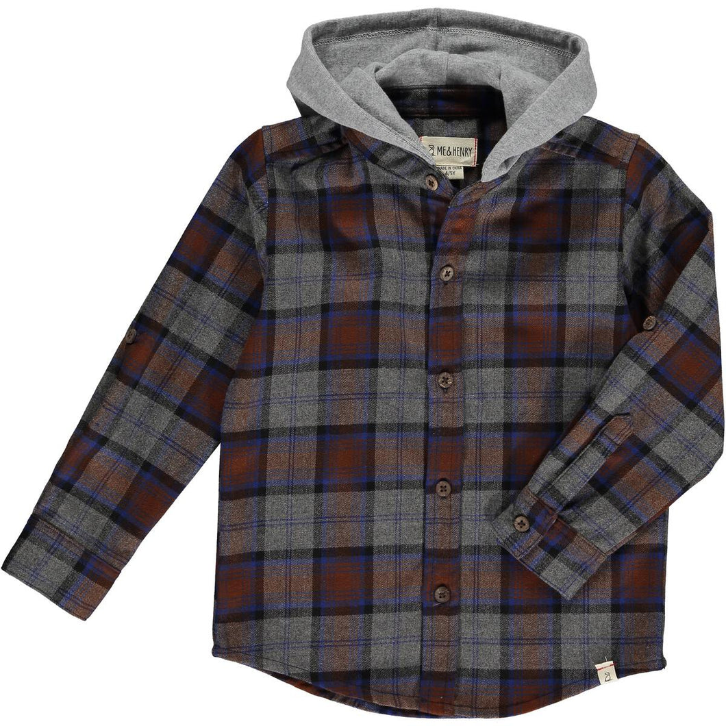Me & Henry Boys Erin Hooded Woven Shirt - Brown/Grey/Blue Plaid