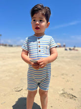 Load image into Gallery viewer, Me &amp; Henry Baby Boys Camborne Ribbed Henley Romper - Blue/Lime/Beige Stripe

