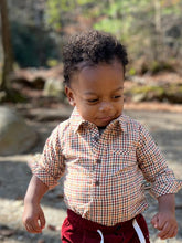 Load image into Gallery viewer, Me &amp; Henry Baby Boys Jasper Woven Onesie - Navy/Gold Plaid
