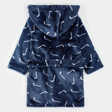 Load image into Gallery viewer, Petit Lem Daisy Hockey Sticks Print on Navy Blue Plush Hooded Robe

