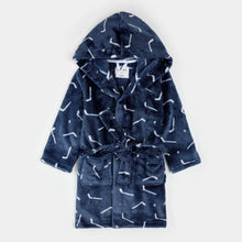 Load image into Gallery viewer, Petit Lem Daisy Hockey Sticks Print on Navy Blue Plush Hooded Robe
