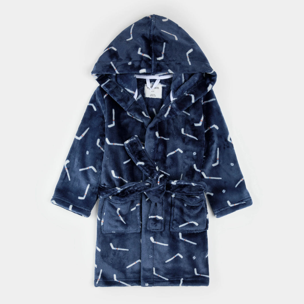 Petit Lem Daisy Hockey Sticks Print on Navy Blue Plush Hooded Robe