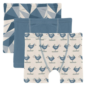 Kickee Pants Boys Print Boxer Briefs Set of 3 - Winter Ice, Parisian Blue, Natural Ski Birds