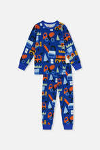 Load image into Gallery viewer, deux par deux Boys Two-Piece Organic Cotton Pajama Set - Blue Truck Print
