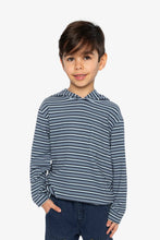 Load image into Gallery viewer, deux par deux Boys  Striped Brushed Jersey Hooded T-Shirt - Blue And White

