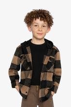 Load image into Gallery viewer, deux par deux Boys Flannel Shirt With Fleece Hood - Brown And Black Plaid
