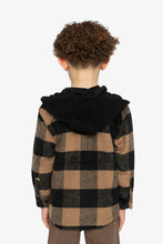 Load image into Gallery viewer, deux par deux Boys Flannel Shirt With Fleece Hood - Brown And Black Plaid

