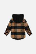 Load image into Gallery viewer, deux par deux Boys Flannel Shirt With Fleece Hood - Brown And Black Plaid
