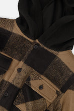 Load image into Gallery viewer, deux par deux Boys Flannel Shirt With Fleece Hood - Brown And Black Plaid
