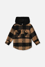 Load image into Gallery viewer, deux par deux Boys Flannel Shirt With Fleece Hood - Brown And Black Plaid
