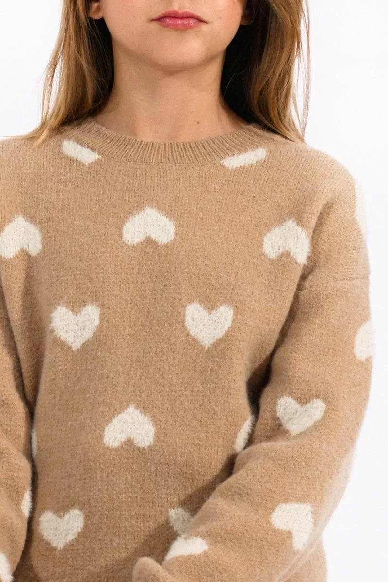 Molly Bracken Girls Knit Sweater - Beige Heart Pattern
