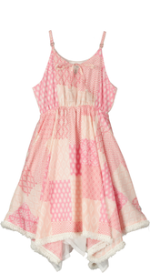 Poppet & Fox Girls Handkerchief Hem Dress - Pink Patches with Fringed Hem