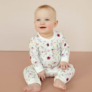 Coccoli Baby Girls Modal Zipper Footie - Floral on Cream