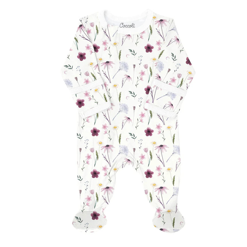 Coccoli Baby Girls Modal Zipper Footie - Floral on Cream